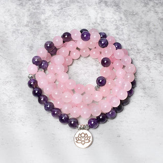 Buddha Gift Natural Rose Quartz & Amethyst Mala Bead Lotus Pendant Bracelet