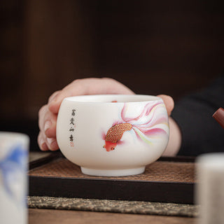 Buddha Gift Koi Fish White Porcelain Ceramic Teacup Kung Fu Tea Cup