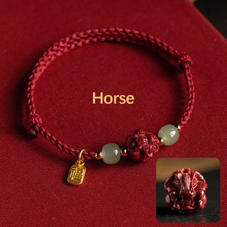 Buddha Gift Natural Cinnabar Chinese Zodiac Hetian Jade Fu Character Luck Rope Bracelet
