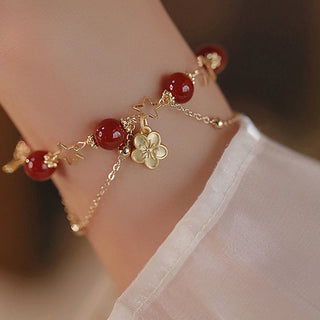 Buddha Gift 14k Gold Plated Red Agate Star Flower Charm Calm Bracelet