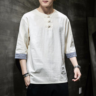 Buddha Gift Frog-Button Dragon Embroidery Chinese Tang Suit Three Quarter Sleeve Shirt Cotton Linen Men Clothing