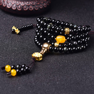 Buddha Gift 108 Beads Natural Black Obsidian Lotus Fulfilment Mala Bracelet