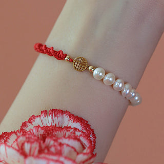 Buddha Gift 14K Gold Plated Pearl Bead Luck Protection Braid Red String Bracelet