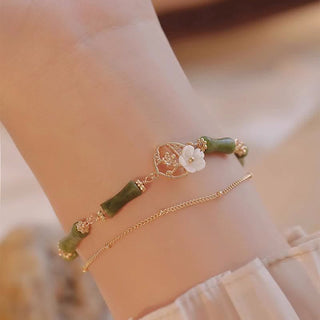 Buddha Gift 14k Gold Plated Copper Peridot Bamboo Flower Wealth Double Layer Bracelet