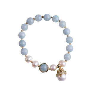 Buddha Gift Aquamarine Pearl Peace Healing Lucky Cat Charm Bracelet
