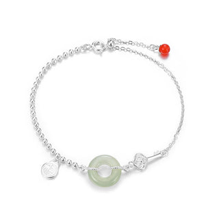 Buddha Gift 925 Sterling Silver Hetian Jade Peace Buckle Fu Character Luck Chain Bracelet