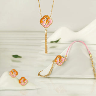 Buddha Gift 18K Gold Plated Copper Two Birds Zircon Healing Necklace Pendant Bracelet Earrings Set