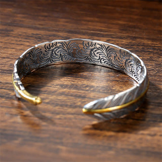 Buddha Gift Feather Pattern Carved Luck Wealth Cuff Bracelet Bangle