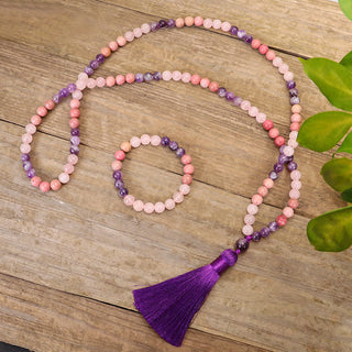 Buddha Gift 108 Mala Beads Amethyst Rose Quartz Spiritual Healing Tassel Bracelet