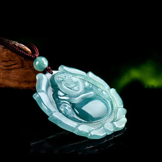 Buddha Gift Natural Jade Laughing Buddha Lotus Pattern Luck Necklace Pendant