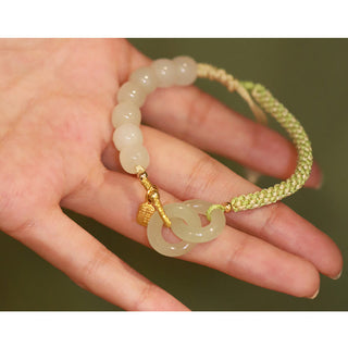 Buddha Gift Natural Hetian Jade Bead Double Peace Buckle Fu Character Abundance Braided Bracelet