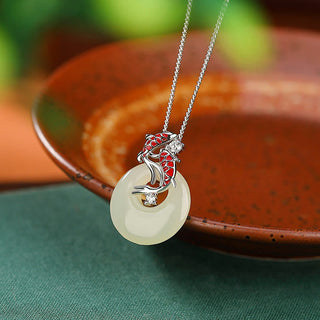 Buddha Gift 925 Sterling Silver Hetian Jade Peace Buckle Koi Fish Luck Necklace Pendant
