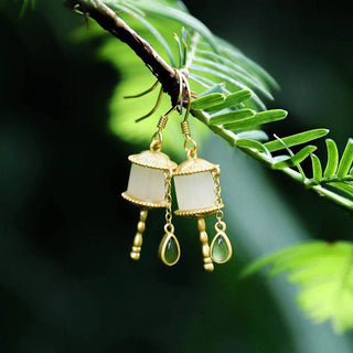 Buddha Gift 925 Sterling Silver Jade Prayer Wheel Luck Drop Earrings