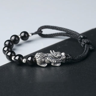 Buddha Gift 999 Sterling Silver FengShui PiXiu Natural Black Obsidian 925 Sterling Silver Bead Strength Bracelet