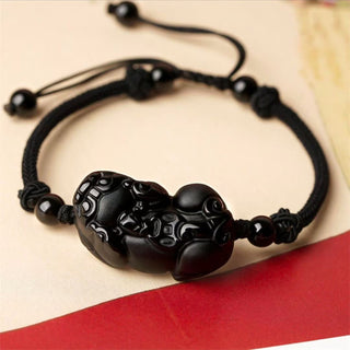 Buddha Gift Natural Obsidian Amethyst Citrine PiXiu Cooper Coin Wealth Bracelet