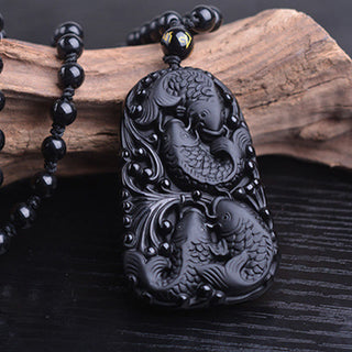 Buddha Gift Black Obsidian Koi Fish Engraved Strength Beaded Necklace Pendant