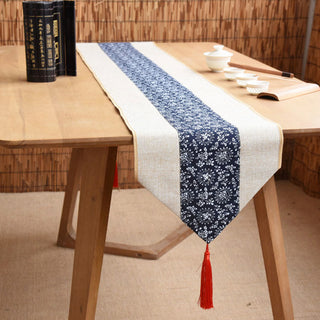 Buddha Gift Classic Chinese Style Lotus Koi Fish Flower Crane Calligraphy Enlightenment Cotton Linen Tassels Table Runner
