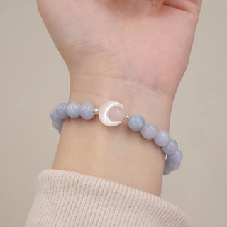 Buddha Gift 925 Sterling Silver Natural Amethyst Aquamarine Pink Crystal Cat's Eye Healing Crescent Moon Bracelet