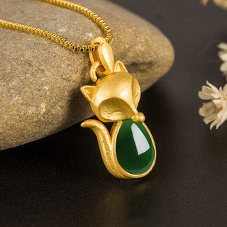 Buddha Gift Green Chalcedony Fox Pattern Courage Necklace Pendant