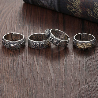 Buddha Gift Tibetan 990 Sterling Silver Om Mani Padme Hum PiXiu Dorje Vajra Heart Sutra Engraved Wealth Ring