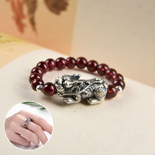Buddha Gift 925 Sterling Silver Natural Garnet Moonstone Red Agate PiXiu Wealth Ring