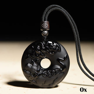 Buddha Gift Chinese Zodiac Natural Black Obsidian Peace Buckle Strength Necklace Pendant