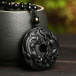 Buddha Gift Natural Black Obsidian Peace Buckle Pixiu Bead Rope Strength Necklace Pendant