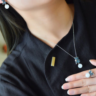 Buddha Gift White Jade 925 Sterling Silver Pearl Flower Blessing Necklace Pendant Ring Earrings