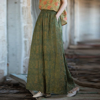 Buddha Gift Green Yellow Ramie Linen Flexible Waistband Wide Leg Pants With Pockets