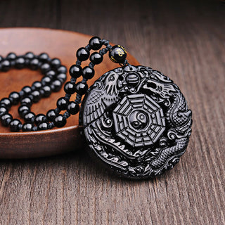 Buddha Gift Bagua Dragon Phoenix Obsidian Fulfilment Pendant Necklace