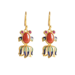 Buddha Gift 925 Sterling Silver Hetian White Jade Red Agate Cute Fish Happiness Drop Earrings