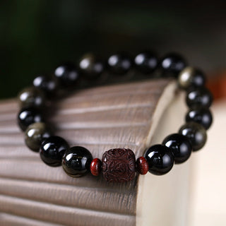 Buddha Gift Natural Gold Sheen Obsidian Rainbow Obsidian Om Mani Padme Hum Fu Character Healing Bracelet