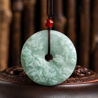 Buddha Gift Round Jade Peace Buckle Peony Flower Abundance Necklace Pendant