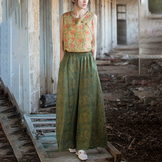 Buddha Gift Green Yellow Ramie Linen Flexible Waistband Wide Leg Pants With Pockets