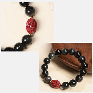 Buddha Gift Chinese Zodiac Natal Buddha Natural Black Obsidian Cinnabar Purification Bracelet