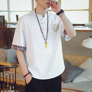 Buddha Gift Frog-Button Dragon Embroidery Chinese Tang Suit Short Sleeve Shirt Linen Men Clothing