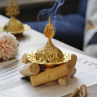 Buddha Gift Gold Alloy Healing Mini Incense Burner With Wooden Coaster Home Decor
