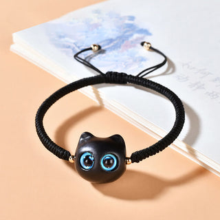 Buddha Gift Ebony Wood Cat Head Pattern Peace King Kong Knot Braided Bracelet