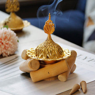 Buddha Gift Gold Alloy Healing Mini Incense Burner With Wooden Coaster Home Decor