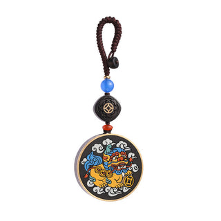 Buddha Gift PiXiu Copper Coin Ebony Wood Luck Attract Wealth Key Chain Decoration