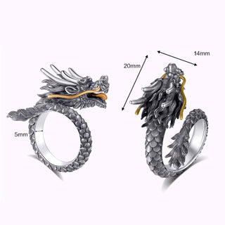 Buddha Gift 925 Sterling Silver Vintage Dragon Design Protection Strength Adjustable Ring