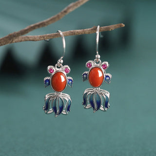 Buddha Gift 925 Sterling Silver Hetian White Jade Red Agate Cute Fish Happiness Drop Earrings