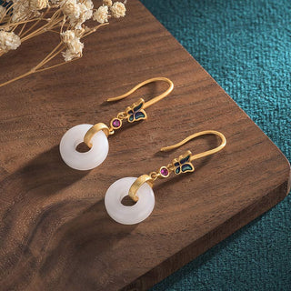 Buddha Gift FengShui White Jade Butterfly Fortune Earrings