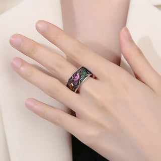 Buddha Gift Copper Blue Enamel Lotus Heart Sutra Koi Fish Luck Ring