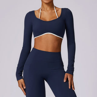 Buddha Gift Solid Color Halter Neck Bra Long Sleeve Crop Tank Top Pants Sports Fitness Gym Yoga Outfits