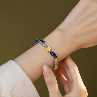 Buddha Gift 925 Sterling Silver Hetian Jade Peach Blossom Flower Pearl Braided Luck Bracelet