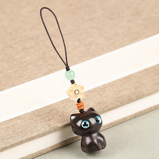 Buddha Gift Mini Small Leaf Red Sandalwood Ebony Wood Lucky Cat Lovely Kitty Peace Key Chain Phone Hanging Decoration