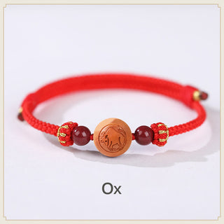 Buddha Gift Natural Peach Wood Chinese Zodiac Fu Character Carved Cinnabar Wealth Bracelet