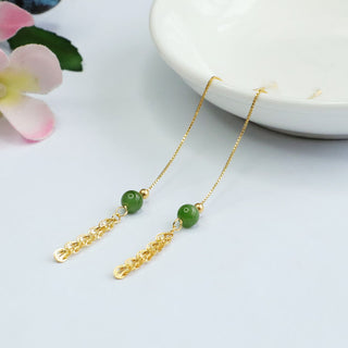 Buddha Gift 925 Sterling Silver Natural Hetian Cyan Jade Bead Luck Phoenix Tail Drop Earrings