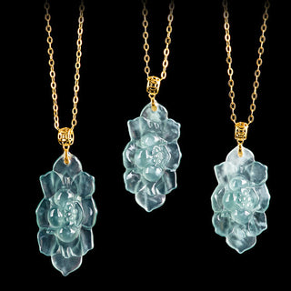 Buddha Gift 18K Gold Natural Jade Lotus Pattern Prosperity Necklace Pendant